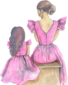 Mother and daughter in matching pink dresses
